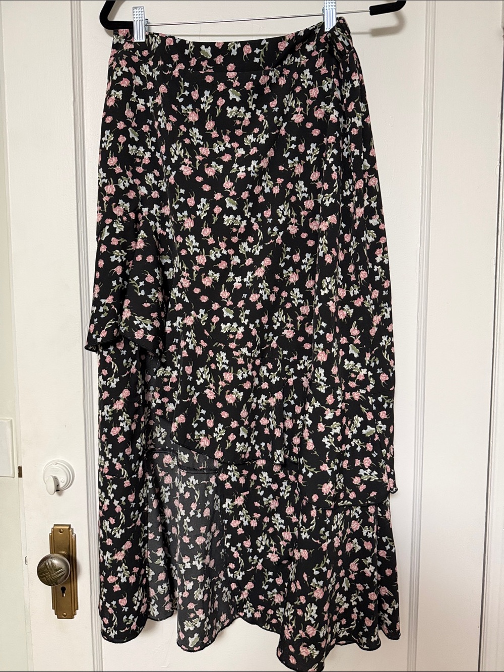 Floral Ruffle Midi Skirt - Black with Pink Floral